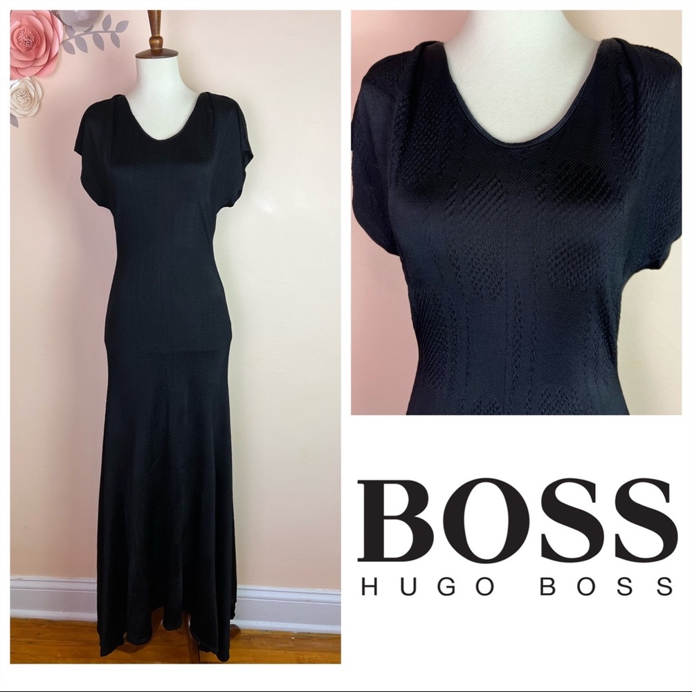 New! HUGO BOSS “Emagine” Flared Hem Brocade Maxi Dress